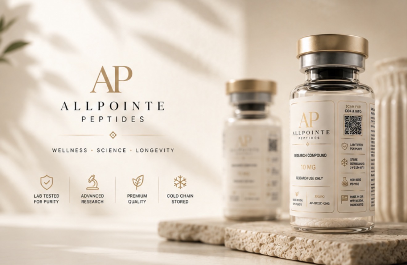 Allpointe Peptides — AP brand lockup with the tagline Wellness, Science, Longevity beside gold-capped research compound vials on a travertine plinth