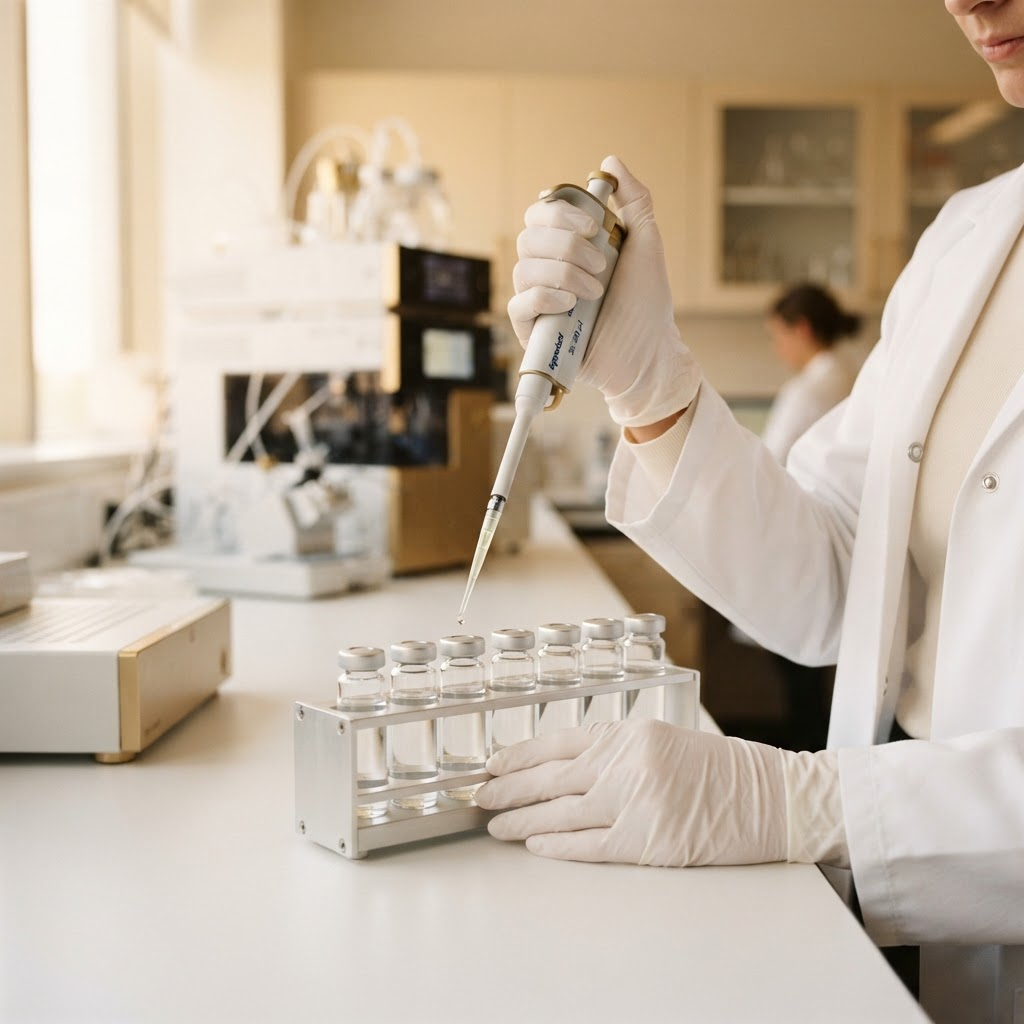 Allpointe Bio Research scientist using a precision micropipette to dispense peptide solution into glass vials in a modern research laboratory